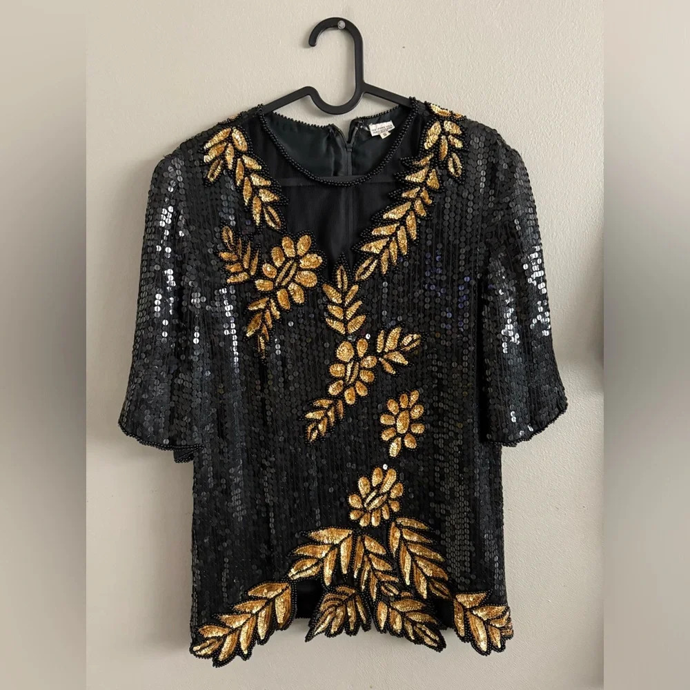 Vintage 1980’s Frank Usher black gold sequin 100% silk evening blouse size Small